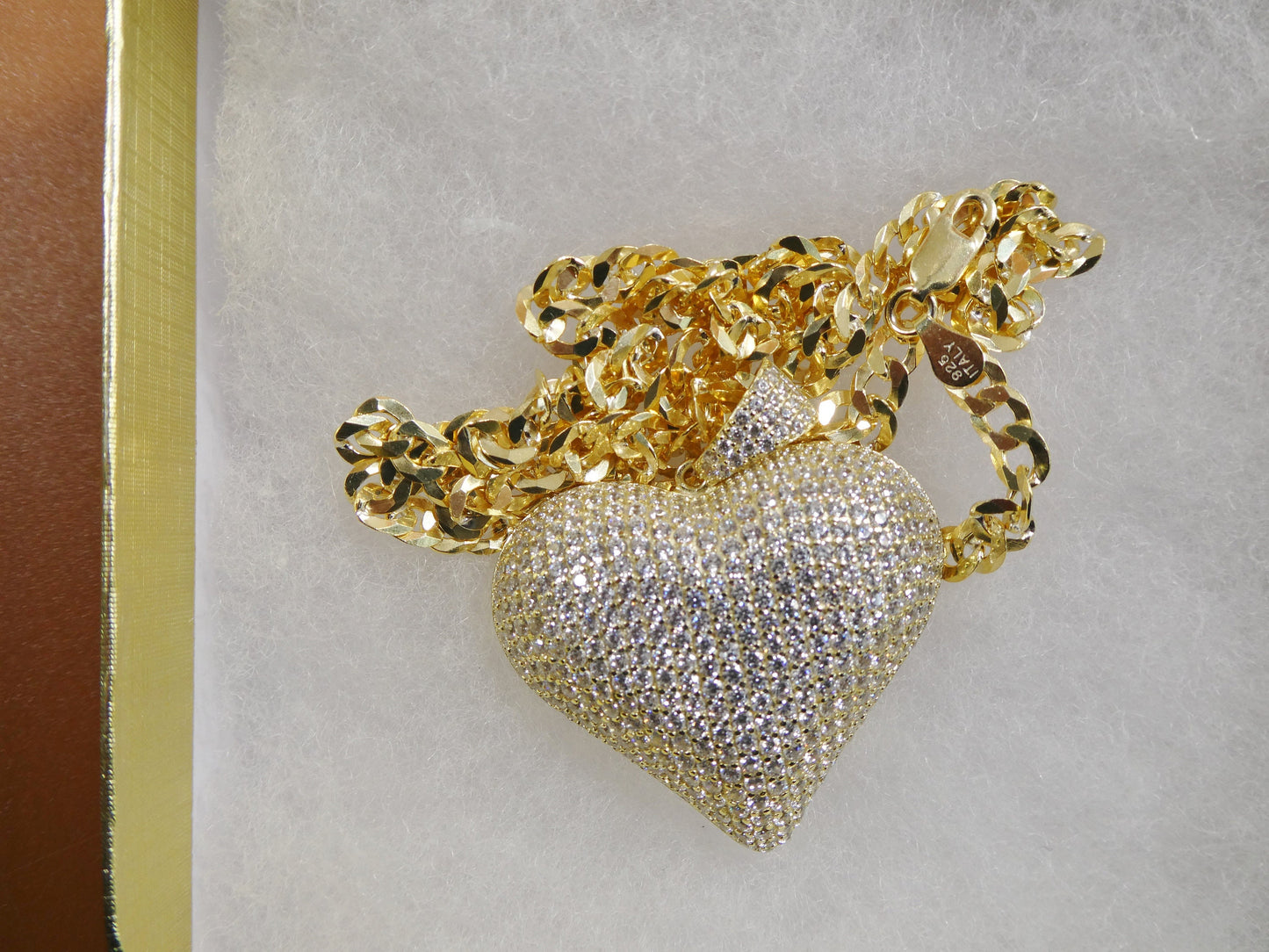 14k yellow gold color tone chain and large heart charm pendent over real 925 sterling silver
