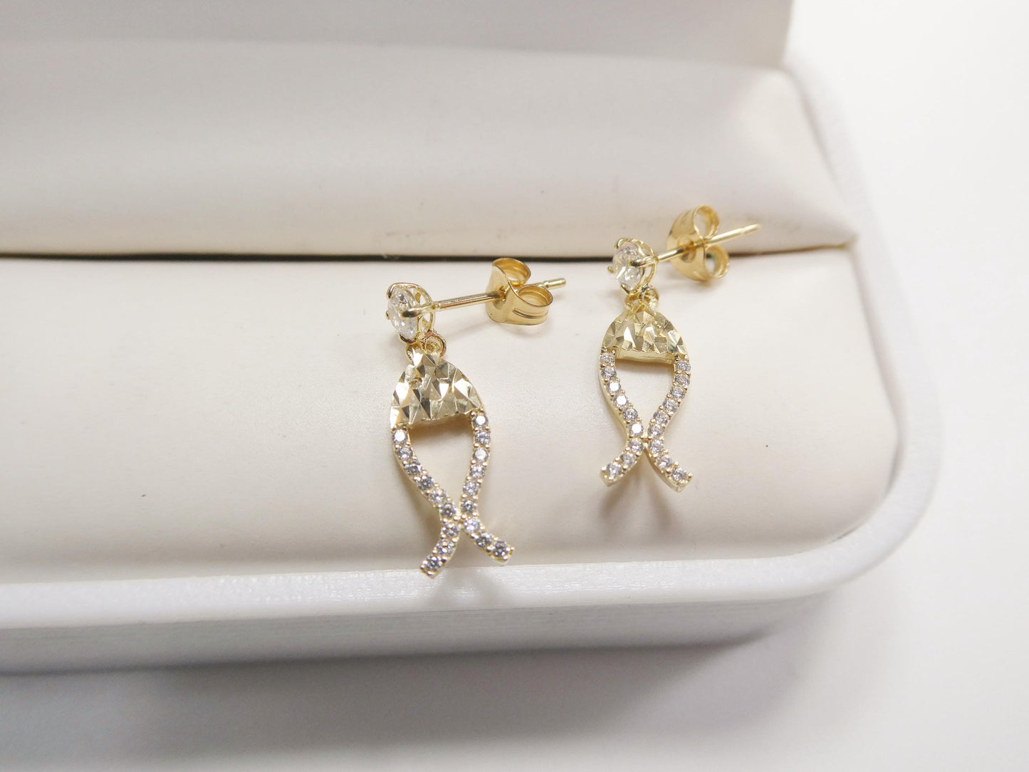 real 10k solid yellow gold fish dangling push post earrings