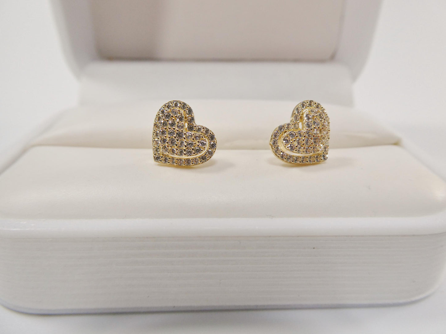 10k real solid gold double heart micro fave setting push back earrings