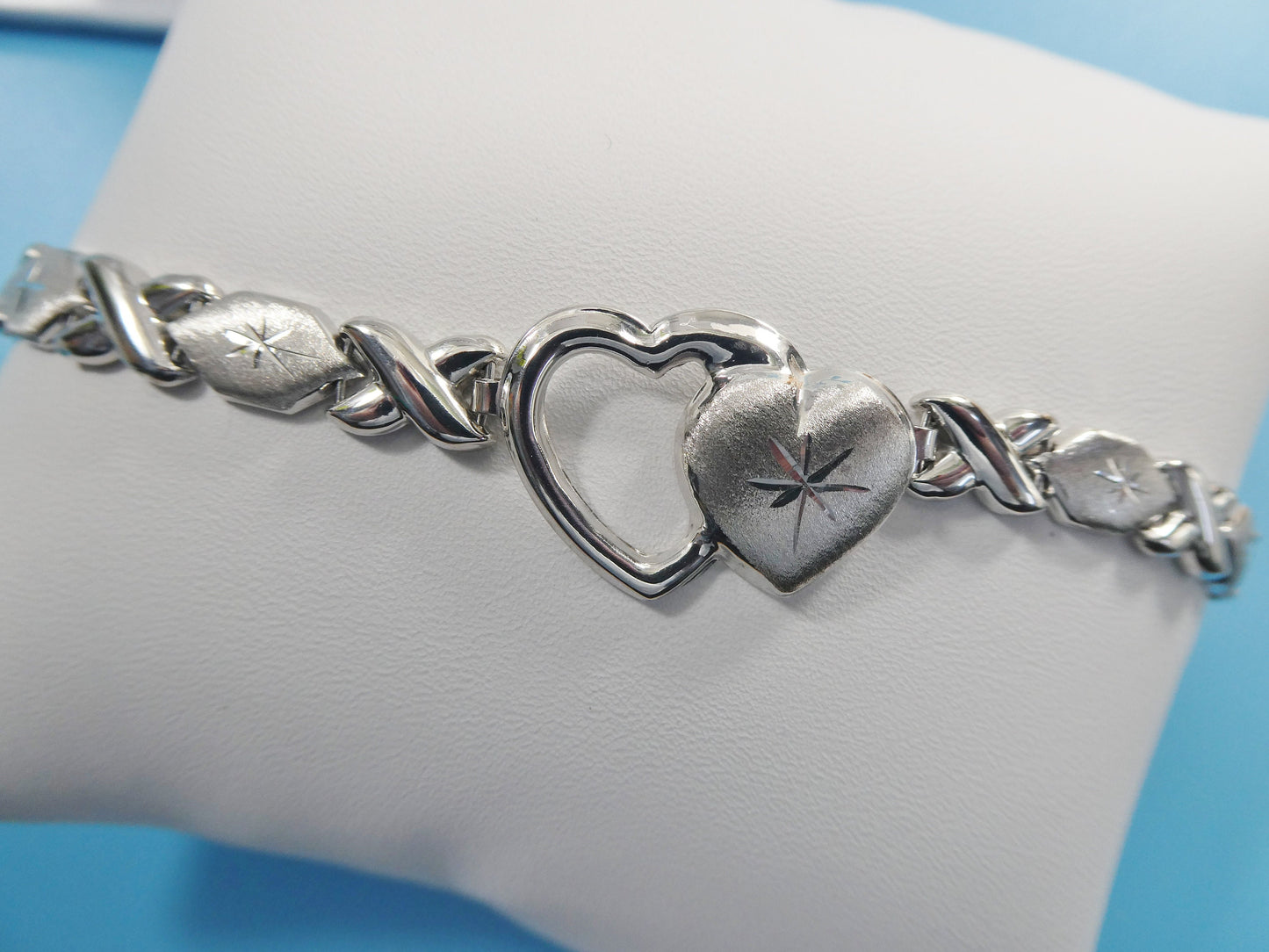 real 925 sterling silver double heart stampato set / necklace/ bracelet 14k white gold color finish