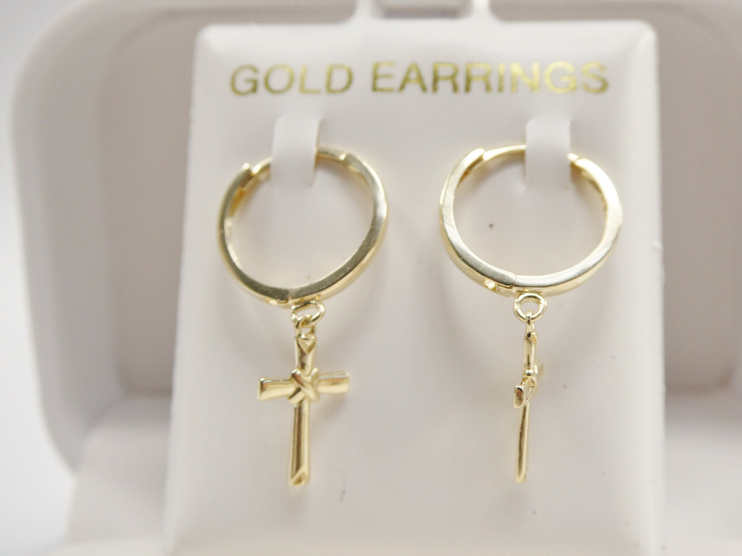 real 10k solid yellow gold hoop huggie dangle plain cross earring