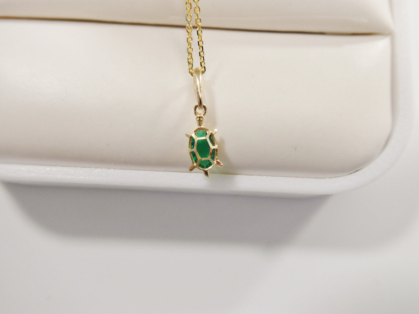 14k real solid yellow gold tiny color stone turtle pendent and cable necklace