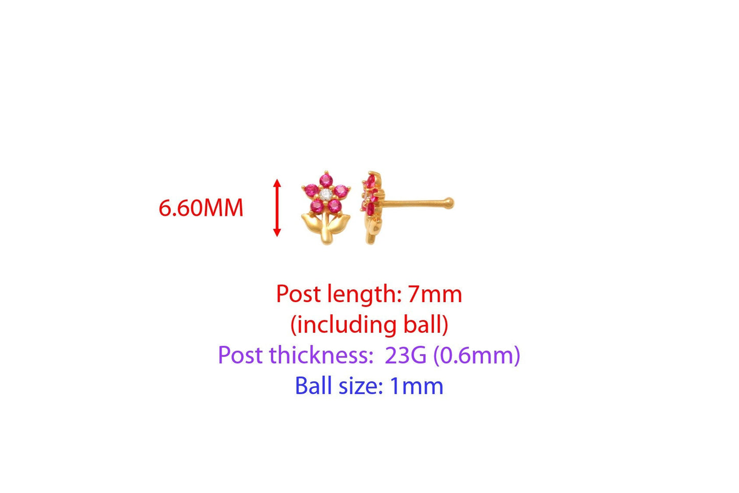 14k real solid yellow gold red stone leaf flower stud nose ring