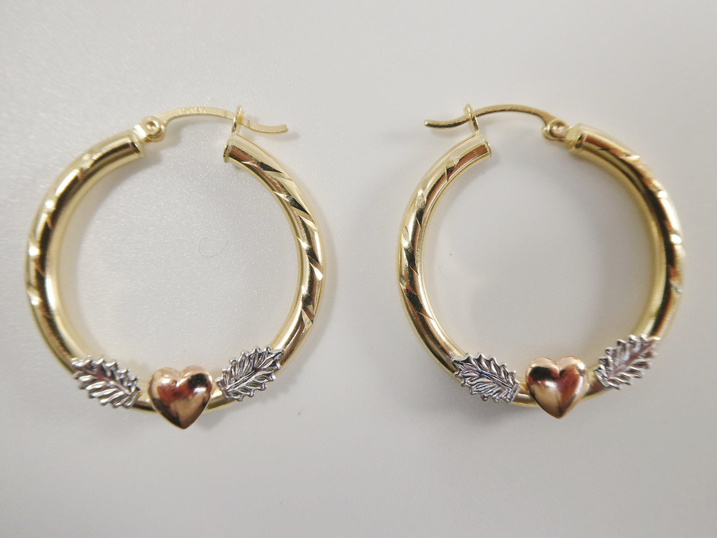 14K real solid yellow gold 3mm /25mm/35MM tri color heart center snap hoop earring