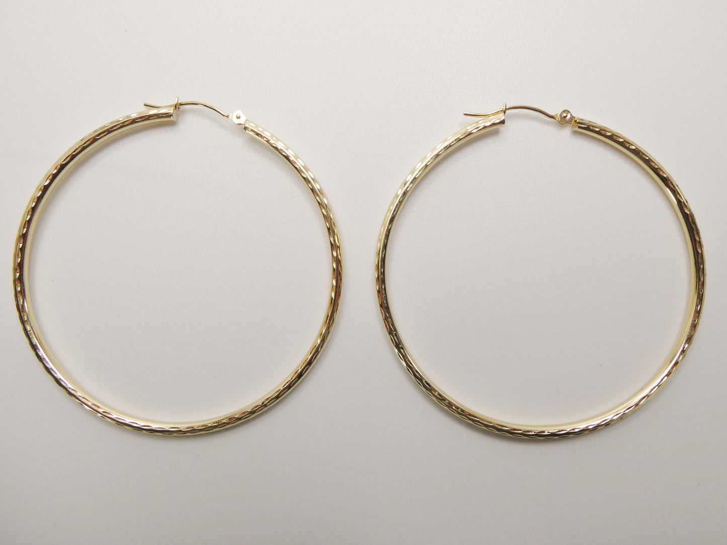 10K real solid yellow gold 50mm round hoop earring snap closure full diamond cut finish