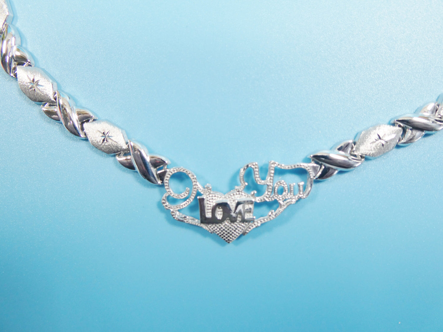 925 real sterling silver I love you xoxo hugs and kisses stampato 14k white gold tone color