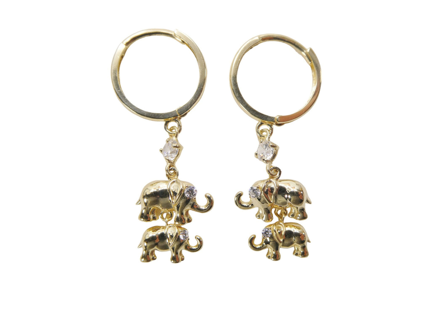 real 10k solid yellow gold double elephant dangling hoop huggie earring