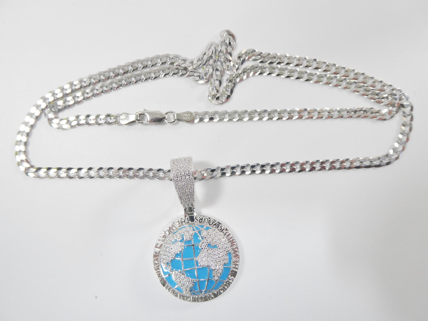real 925 sterling silver enamel globe pendent necklace