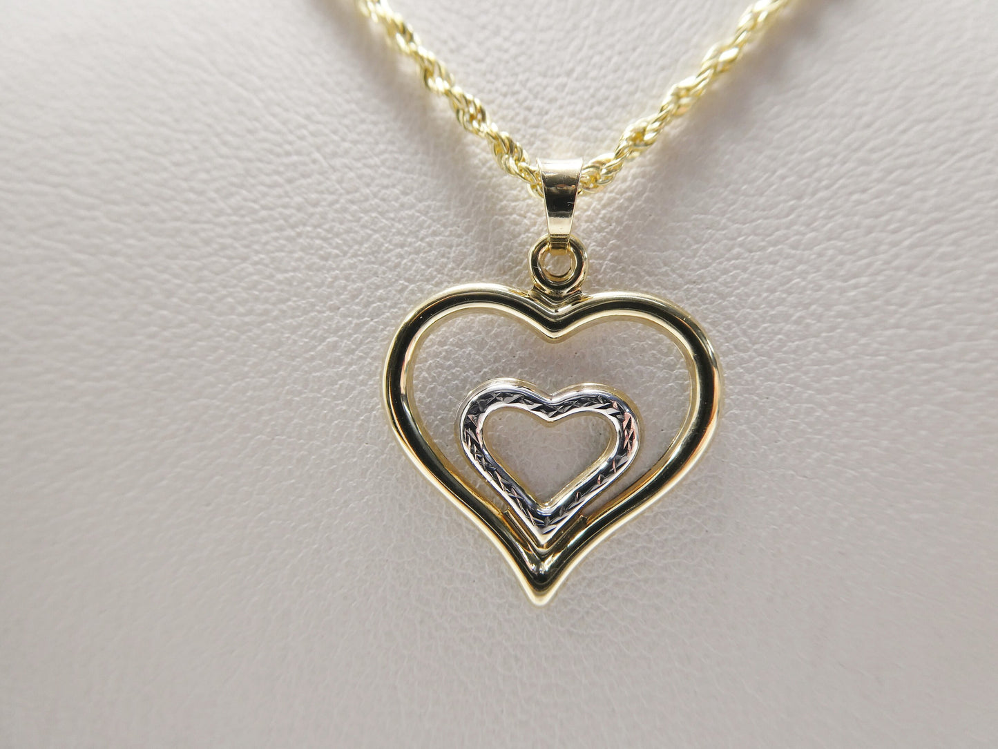 14k real solid yellow gold two tone double heart pendent and robe necklace