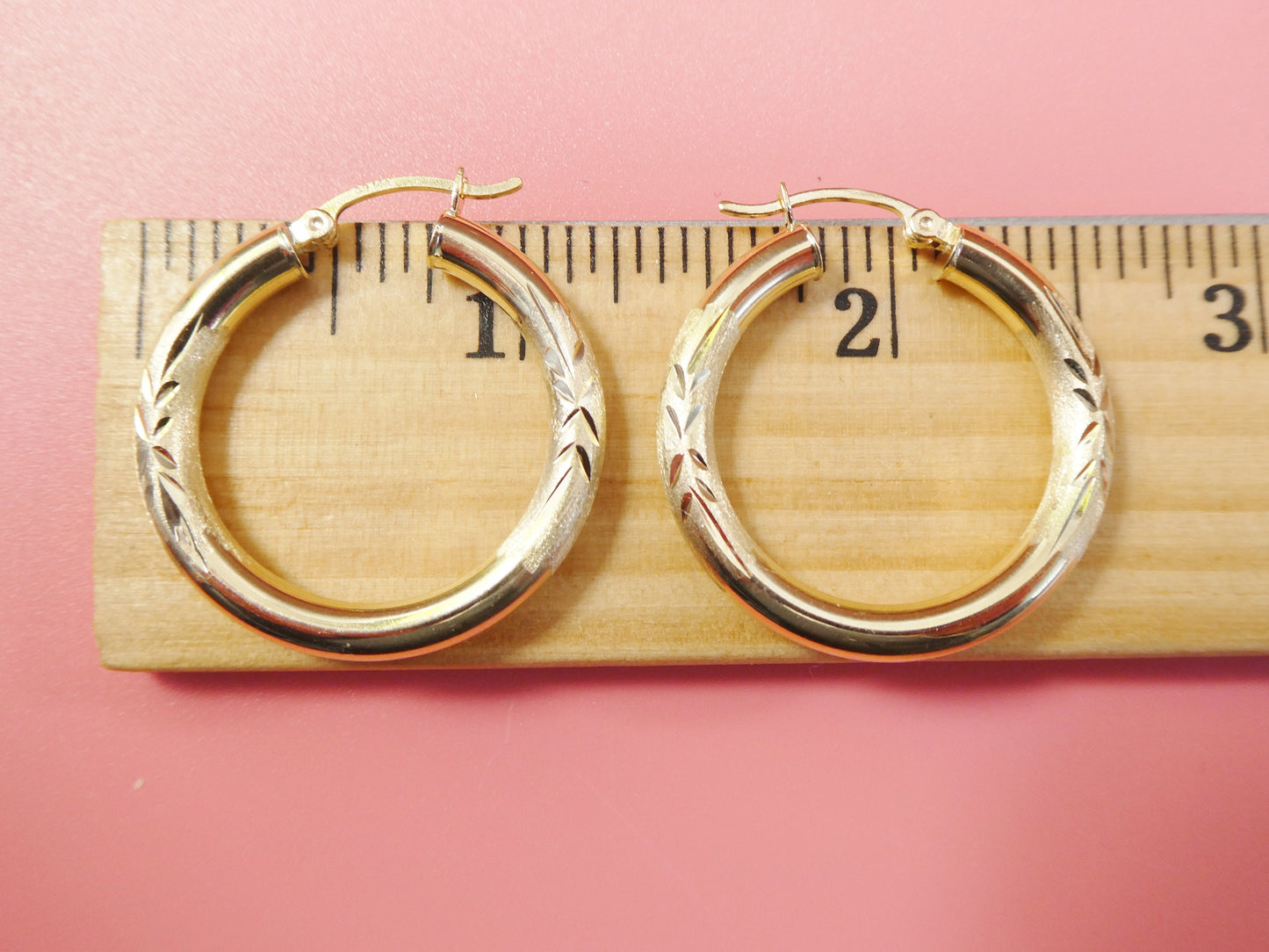 14K real solid yellow gold 4mm round hoop earring snap closure diamond cut finish