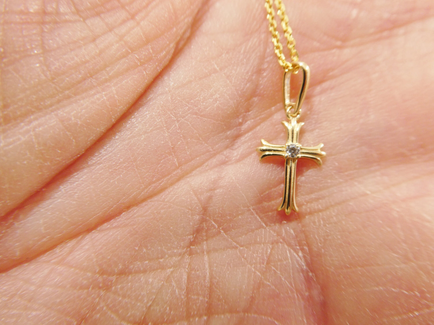 14k real solid yellow gold cross pendent and cable necklace