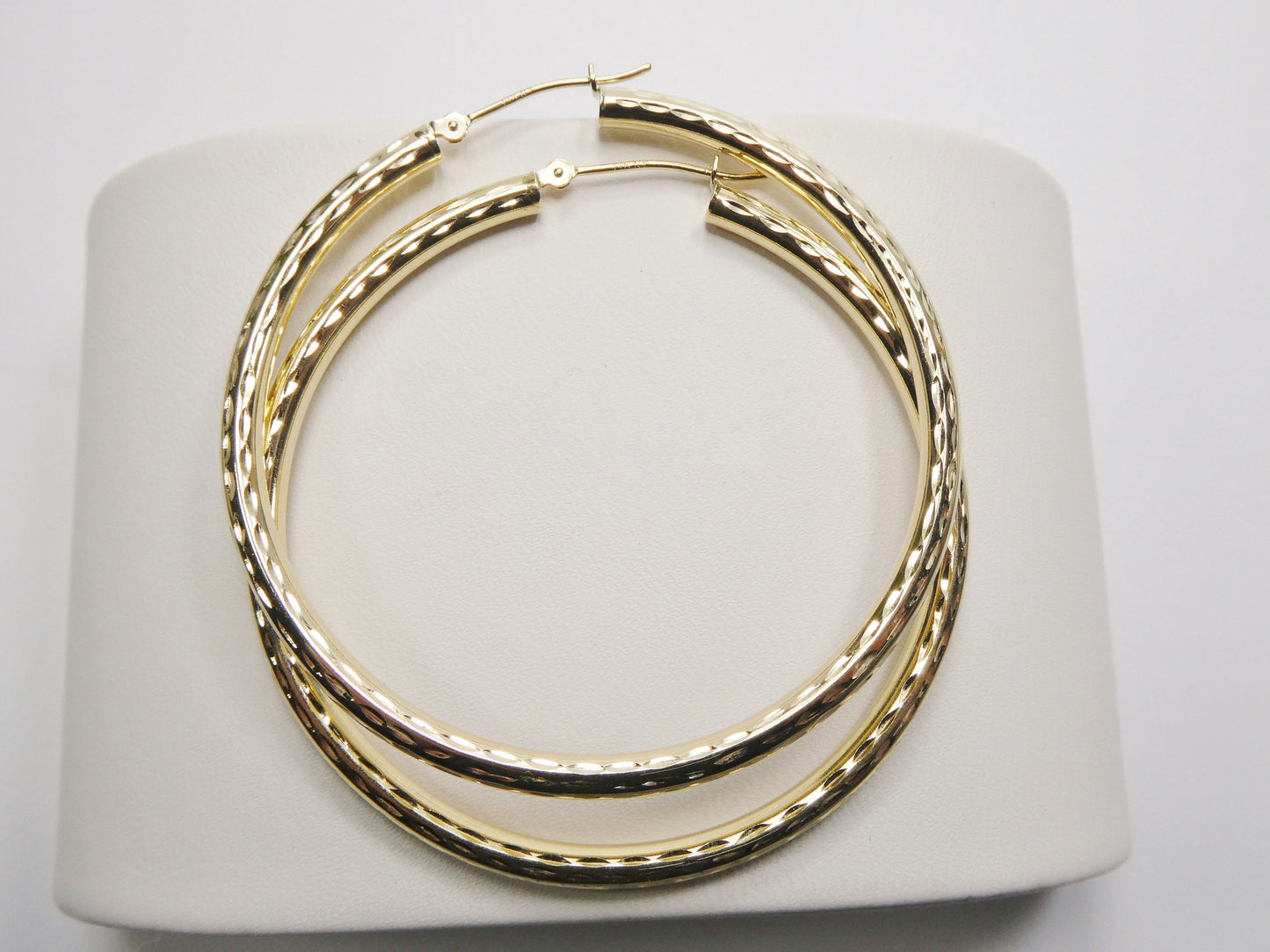 14K real solid yellow gold 50mm round hoop earring snap closure full diamond cut finish