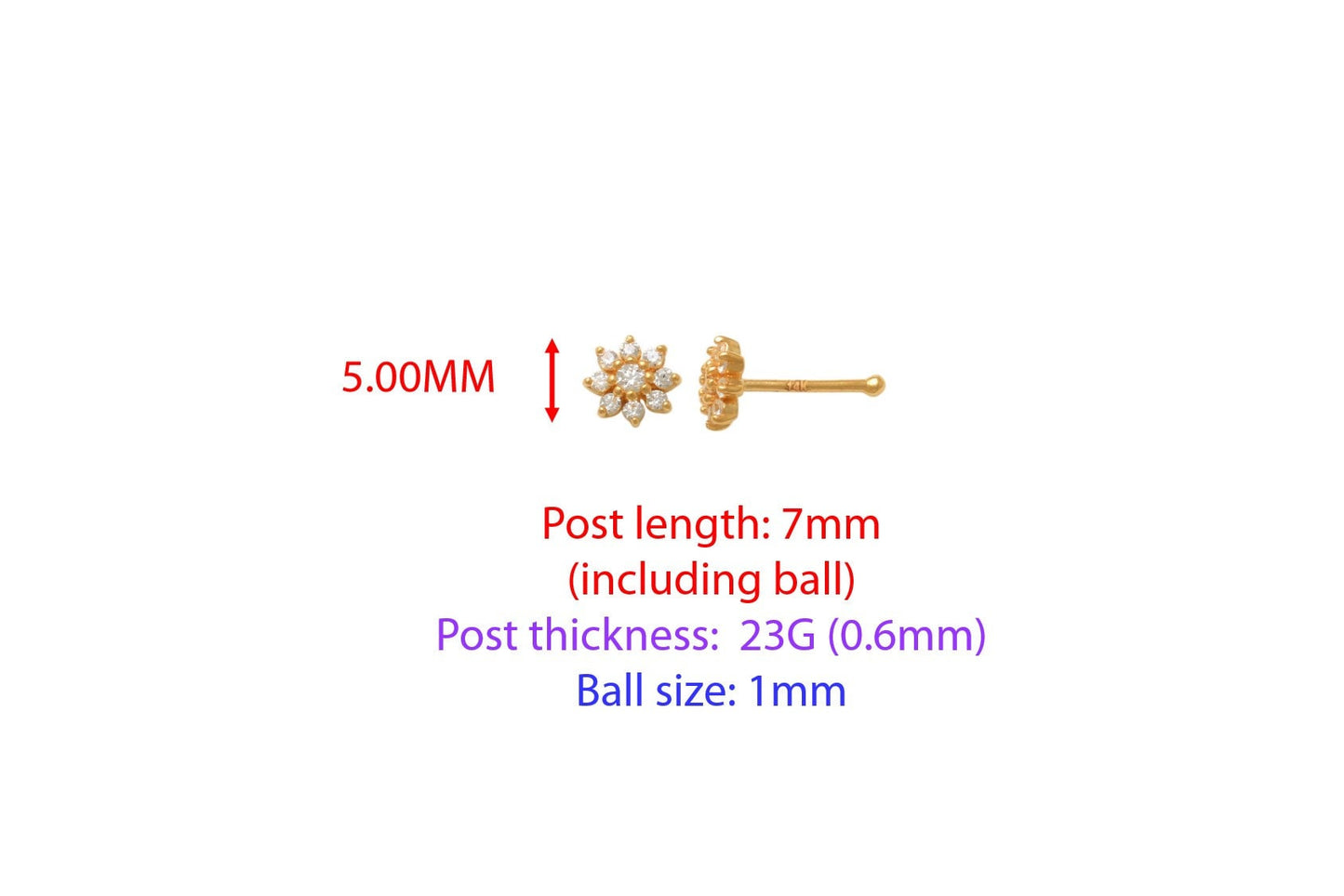14k real solid yellow gold full stone setting flower stud nose ring