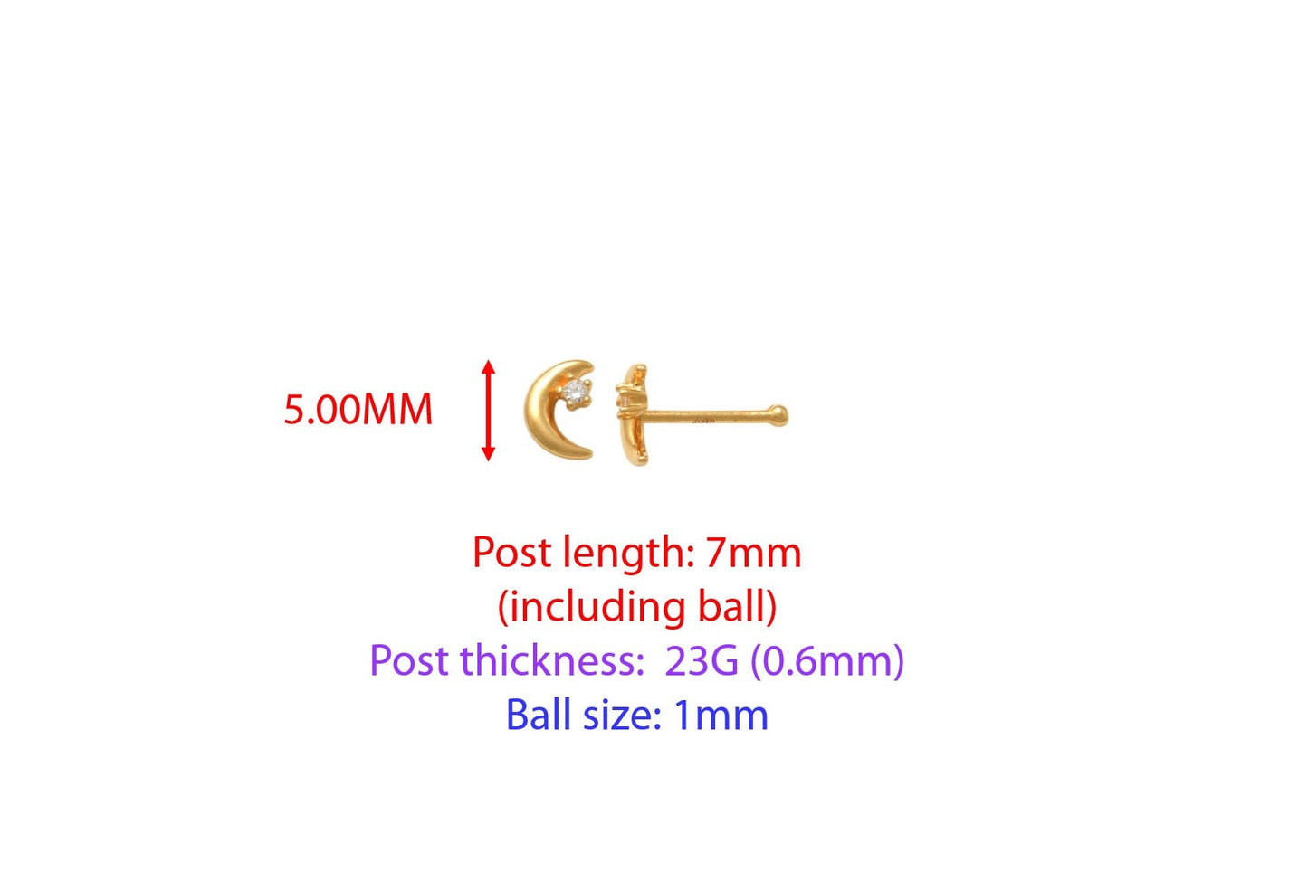 14k real solid yellow gold moon stud nose ring