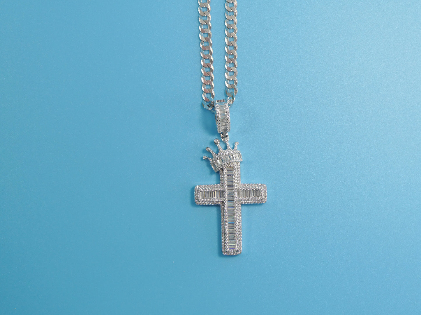 14k white gold color tone chain and large crown cross charm pendent over real 925 sterling silver