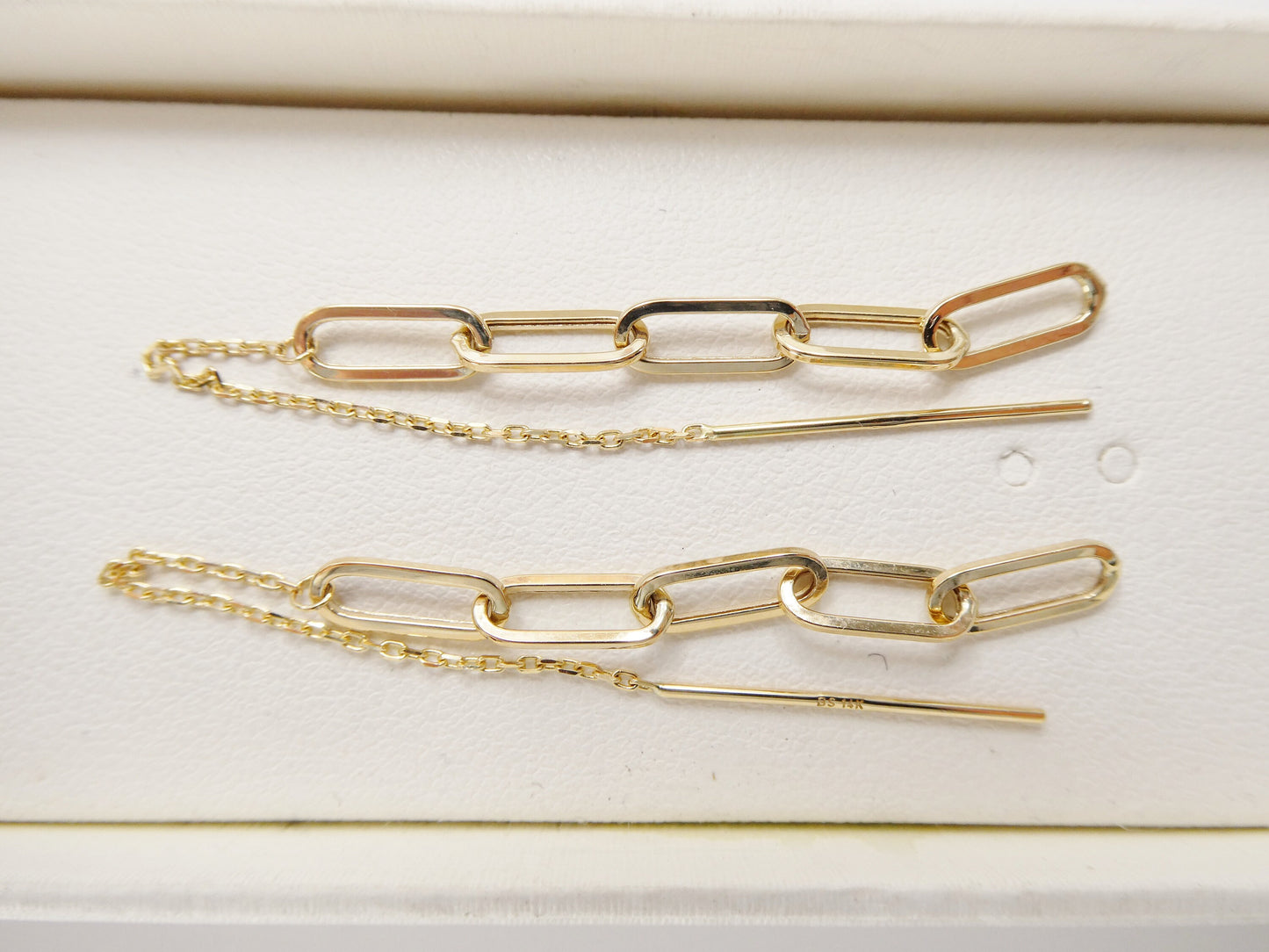 14k real solid yellow gold paperclip long dangling earring