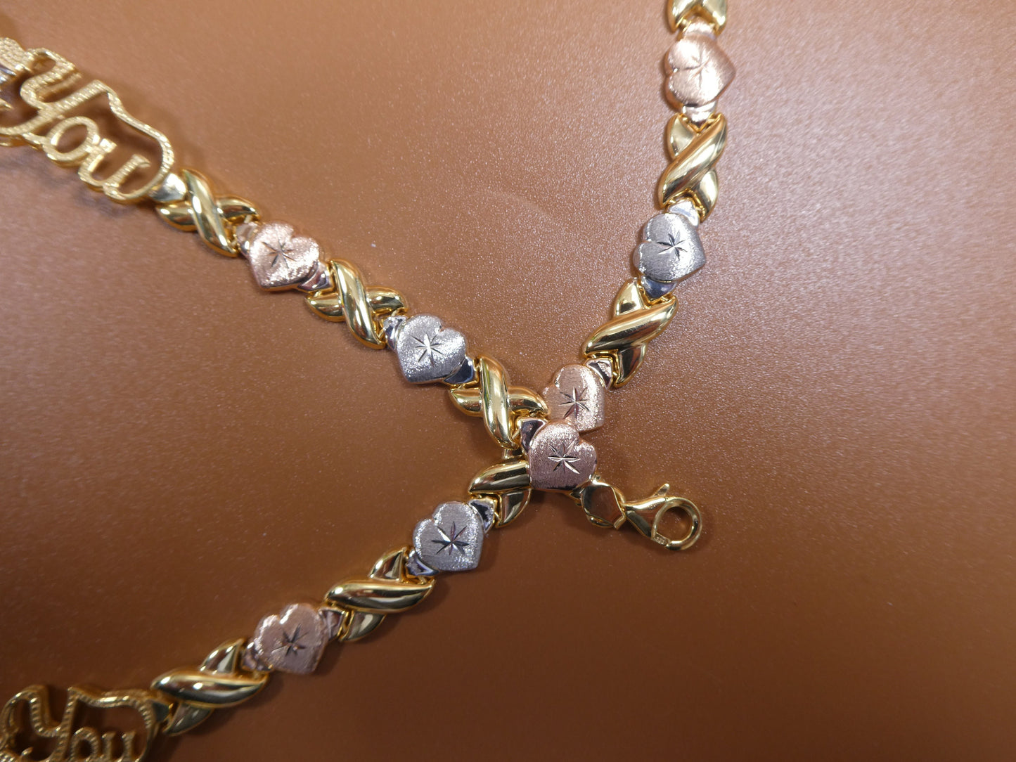 925 real sterling silver I love you xoxo heart set necklace and bracelet hugs and kisses stampato 14k tri color gold tone color