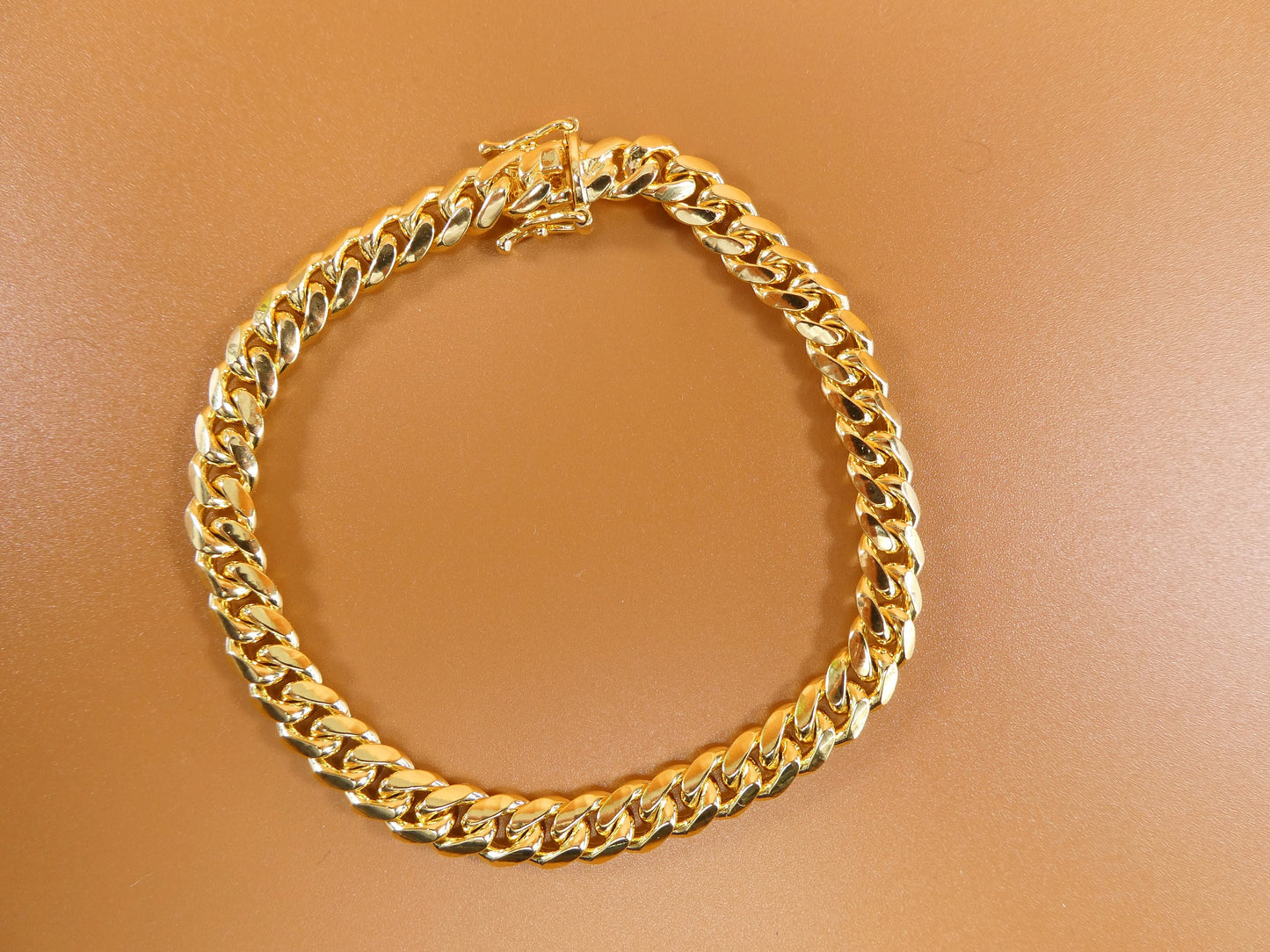 14k gold color tone solid box clasp lock Miami bracelet over real 925 sterling silver