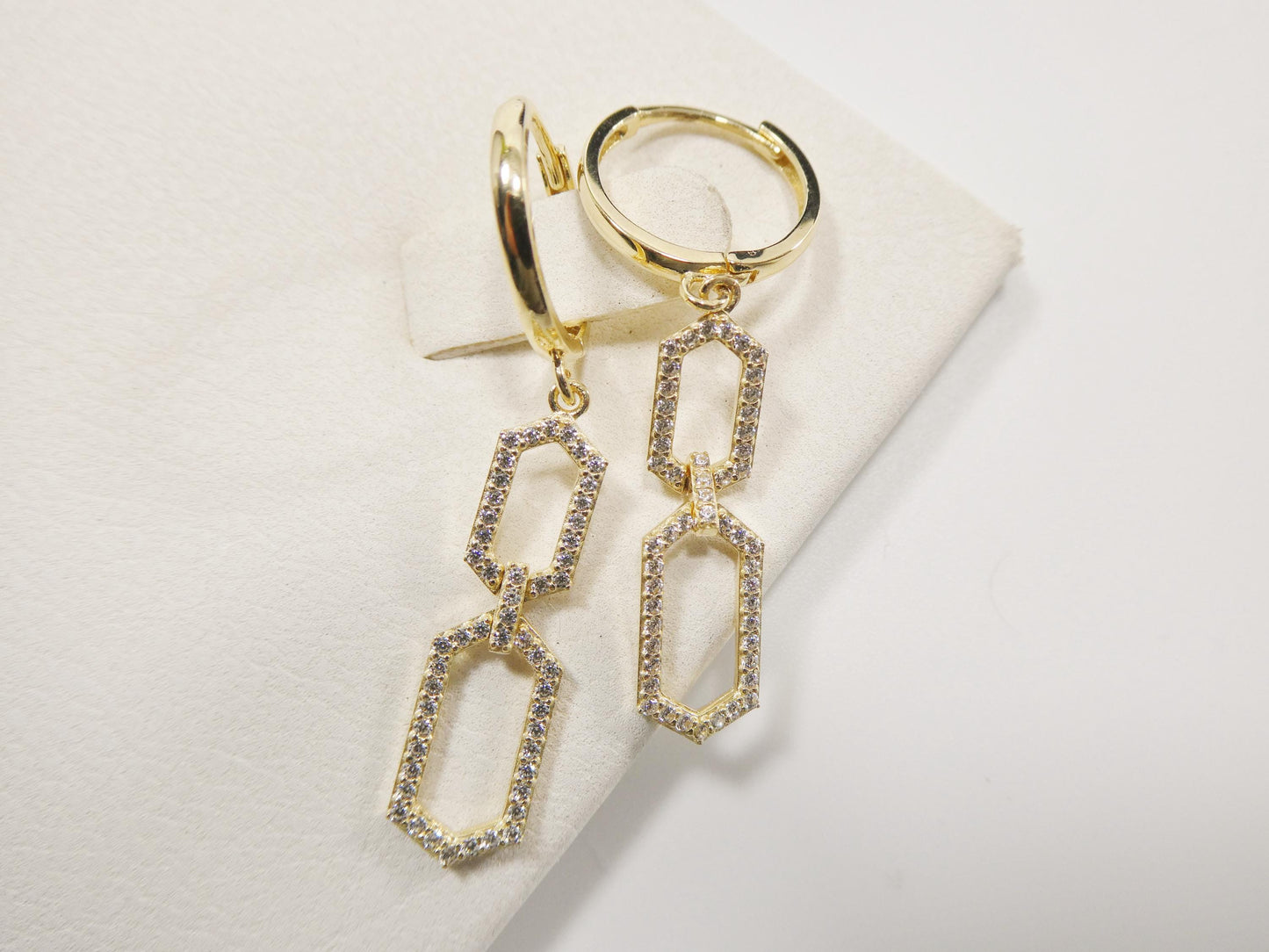 real 10k solid yellow gold paperclip dangling hoop huggie earring