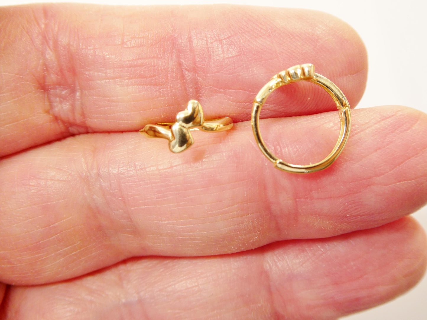 real 10k solid yellow gold double heart dropping huggie earring