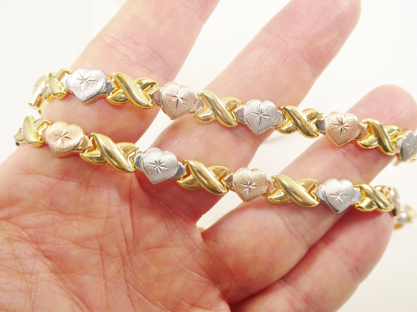 real 925 sterling silver x heart hugs and kisses stampato set necklace and bracelet 14k gold color finish