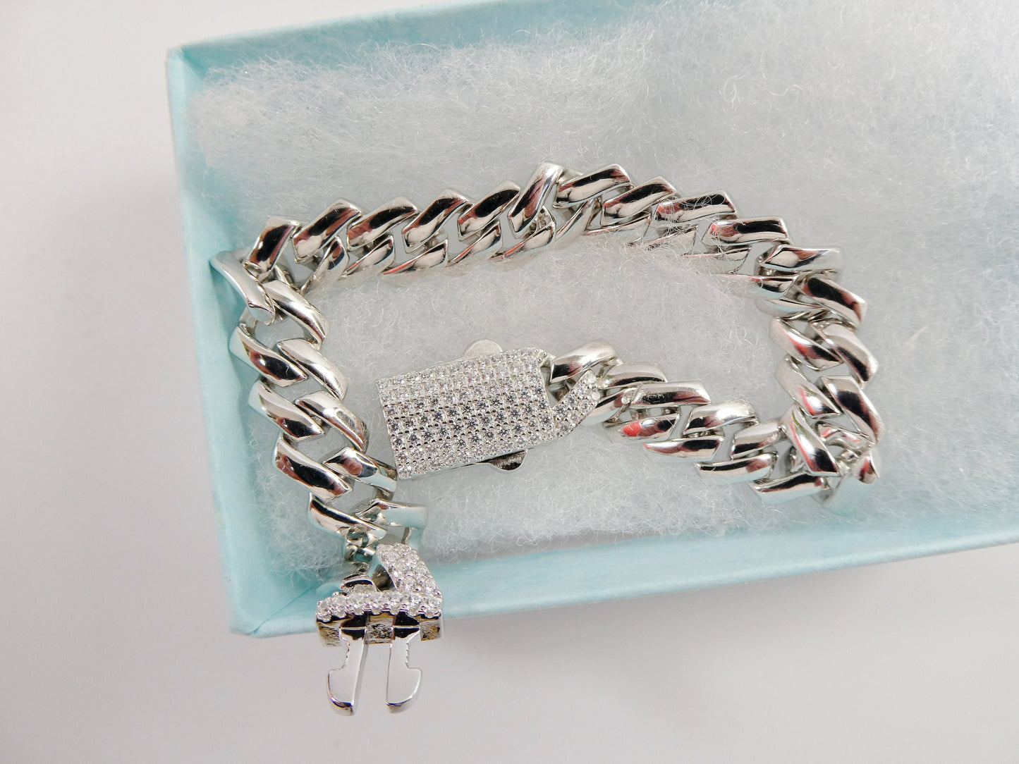 7 inch 14k white gold color tone Monaco bracelet over real solid 925 sterling silver