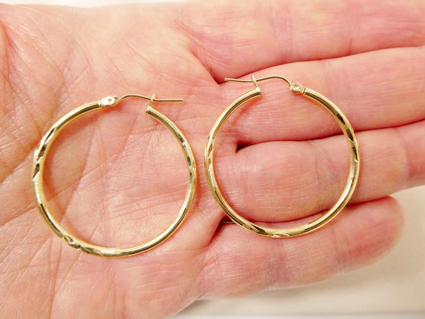 10k real solid yellow gold diamond cut hoop earrings