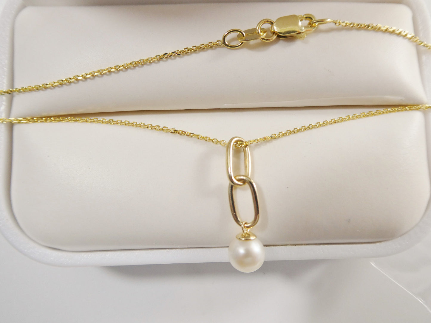 14k real solid yellow gold freshwater pearl pendent and cable necklace