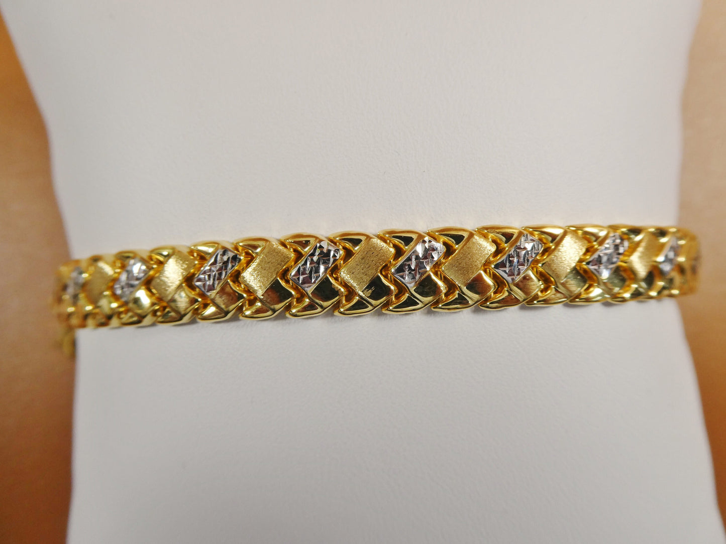8 inch basket STAMPATO bracelet two tone color 14k yellow gold color finish over real 925 sterling silver