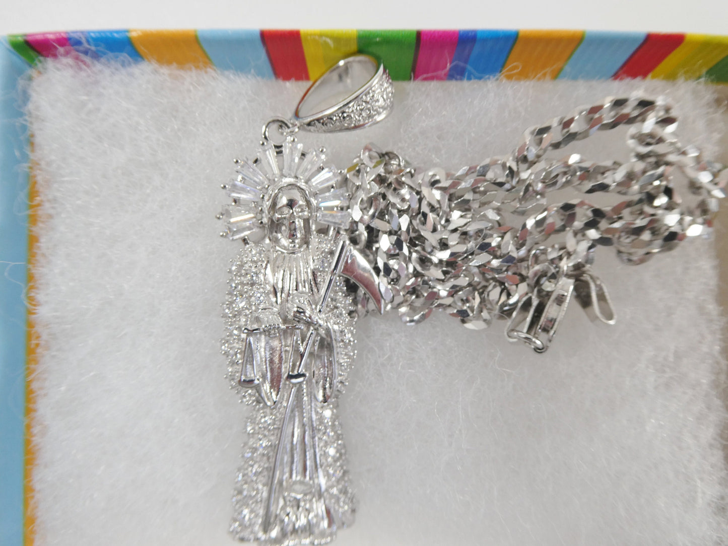 real 925 sterling silver 22 inch flat chain and large santa muerte pendent charm