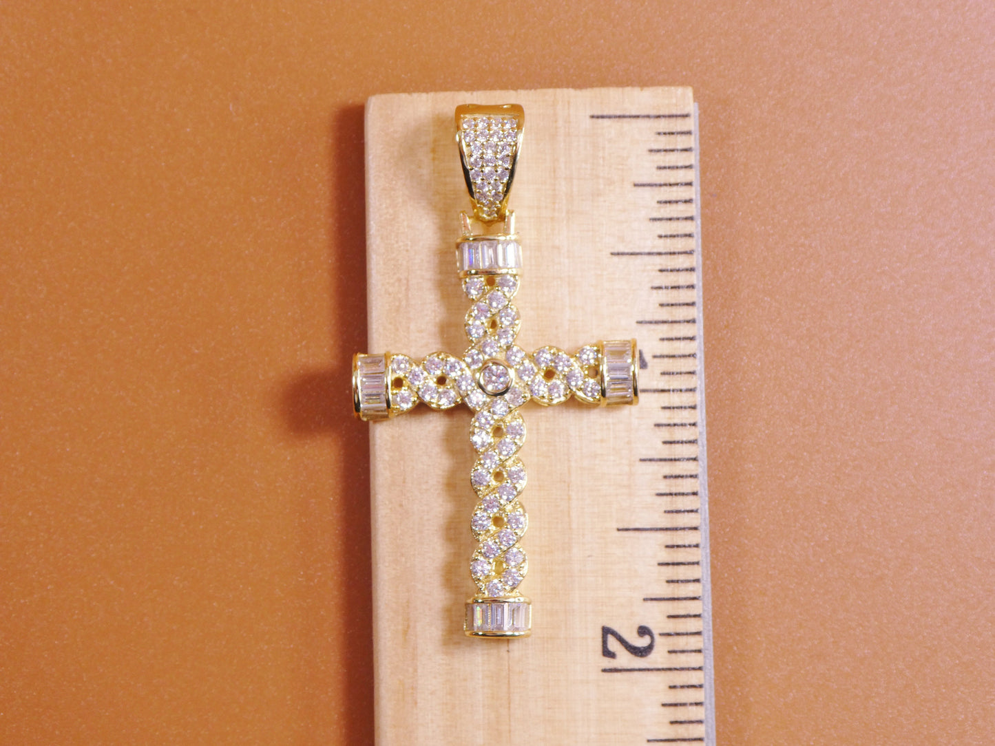 14k yellow gold color tone chain and cross charm pendent over real 925 sterling silver