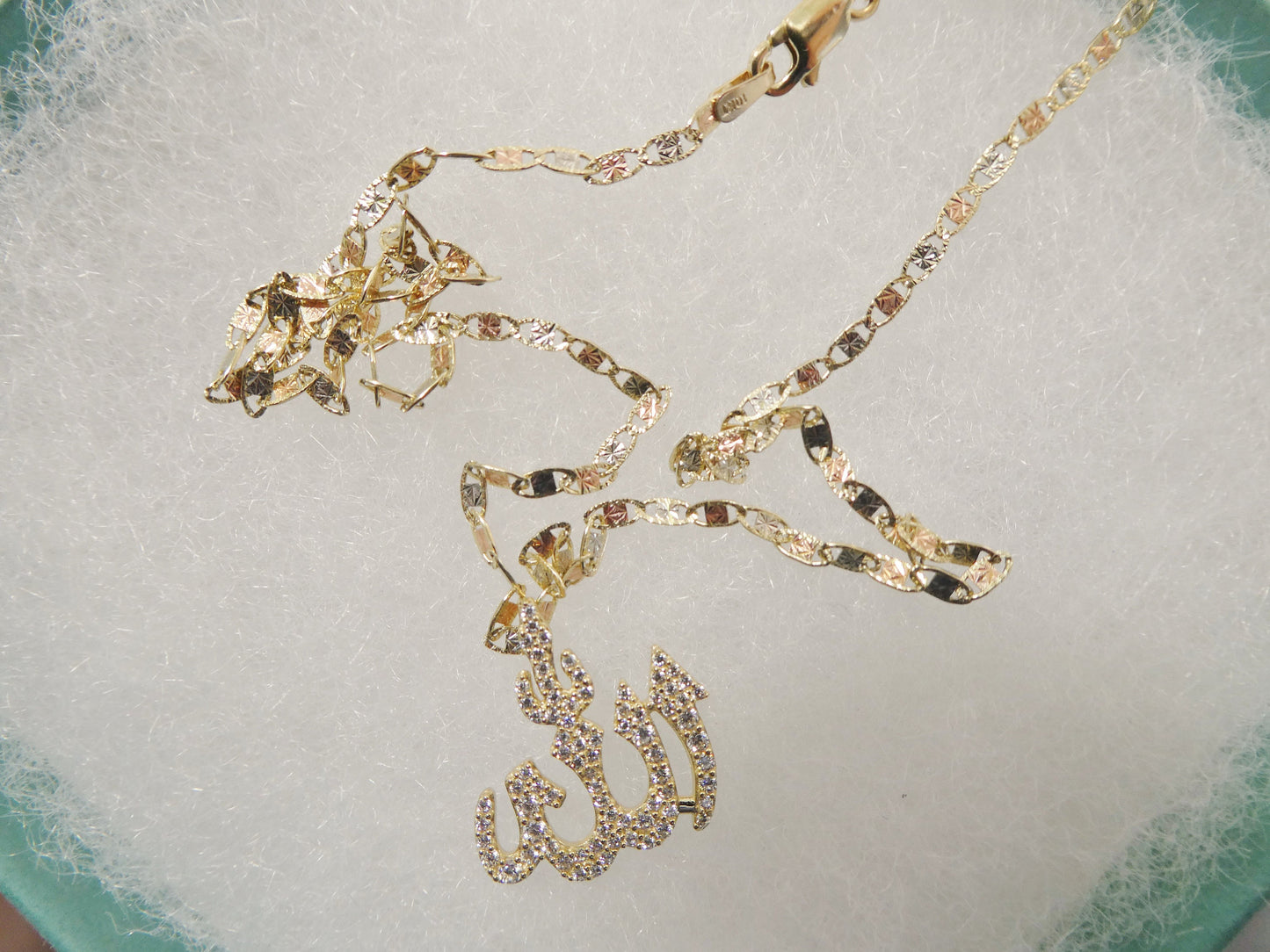 10k real solid yellow gold small ALLAH Muslim pendent and 16 inch Valentino necklace