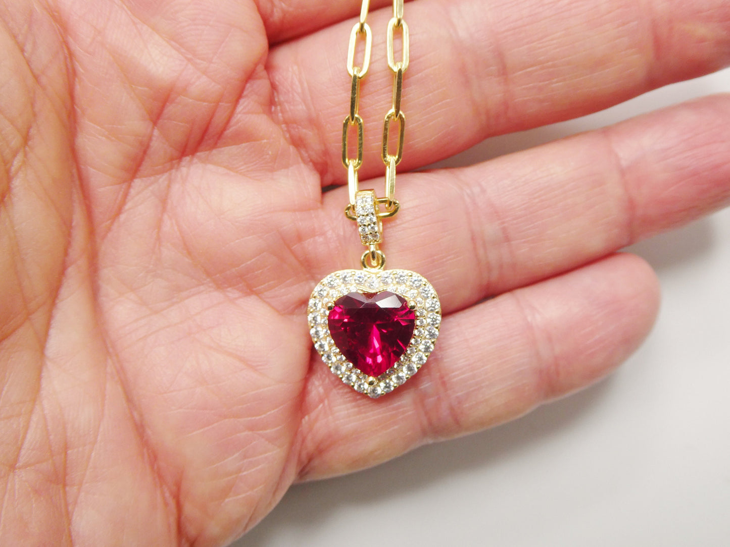 real 925 sterling silver heart red color stone 14k yellow gold color finish