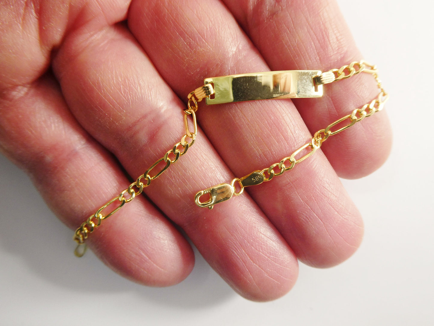 14K real solid yellow gold 6 inch Figaro style baby ID bracelet