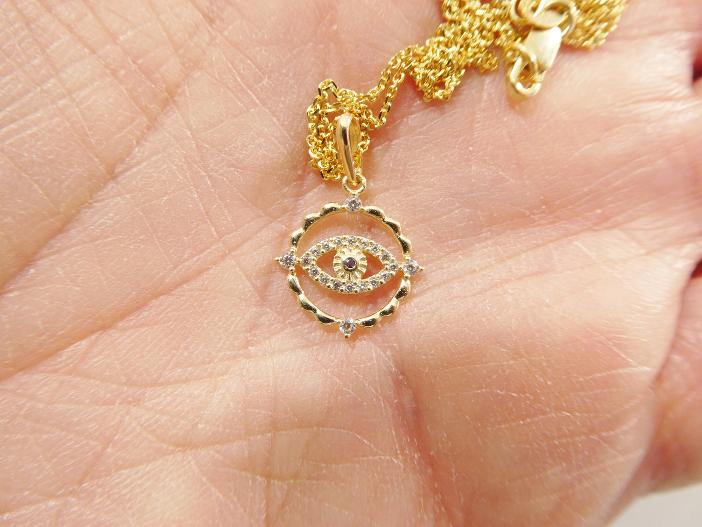 14k real solid yellow gold evil eye pendent and cable necklace