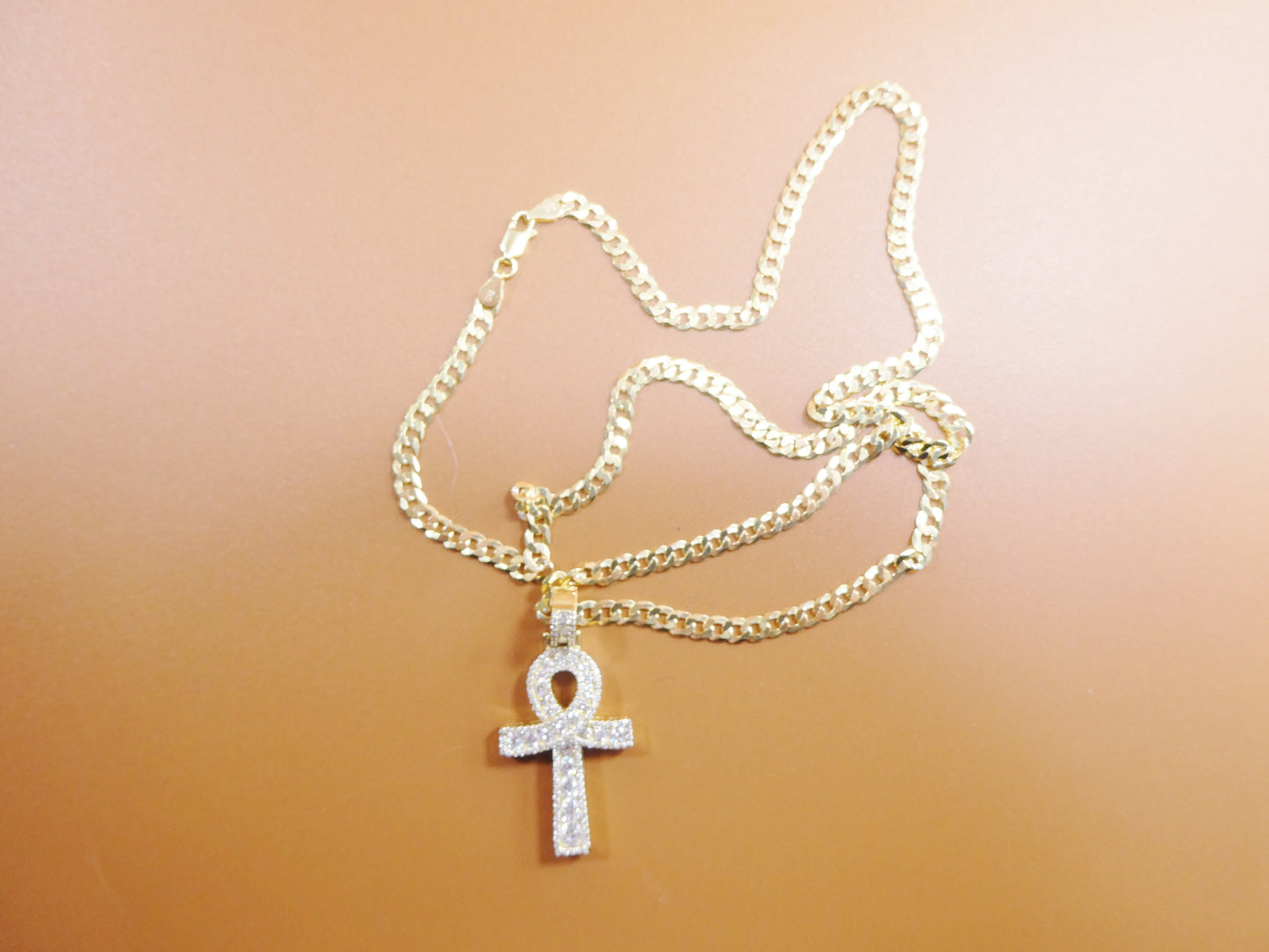 Gold Tone Ankh Cross Pendant: Sterling Silver Cuban Chain