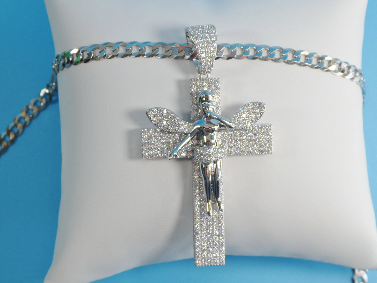 Sterling Silver Angel Cross Pendant: 14k White Gold Tone Cuban Chain