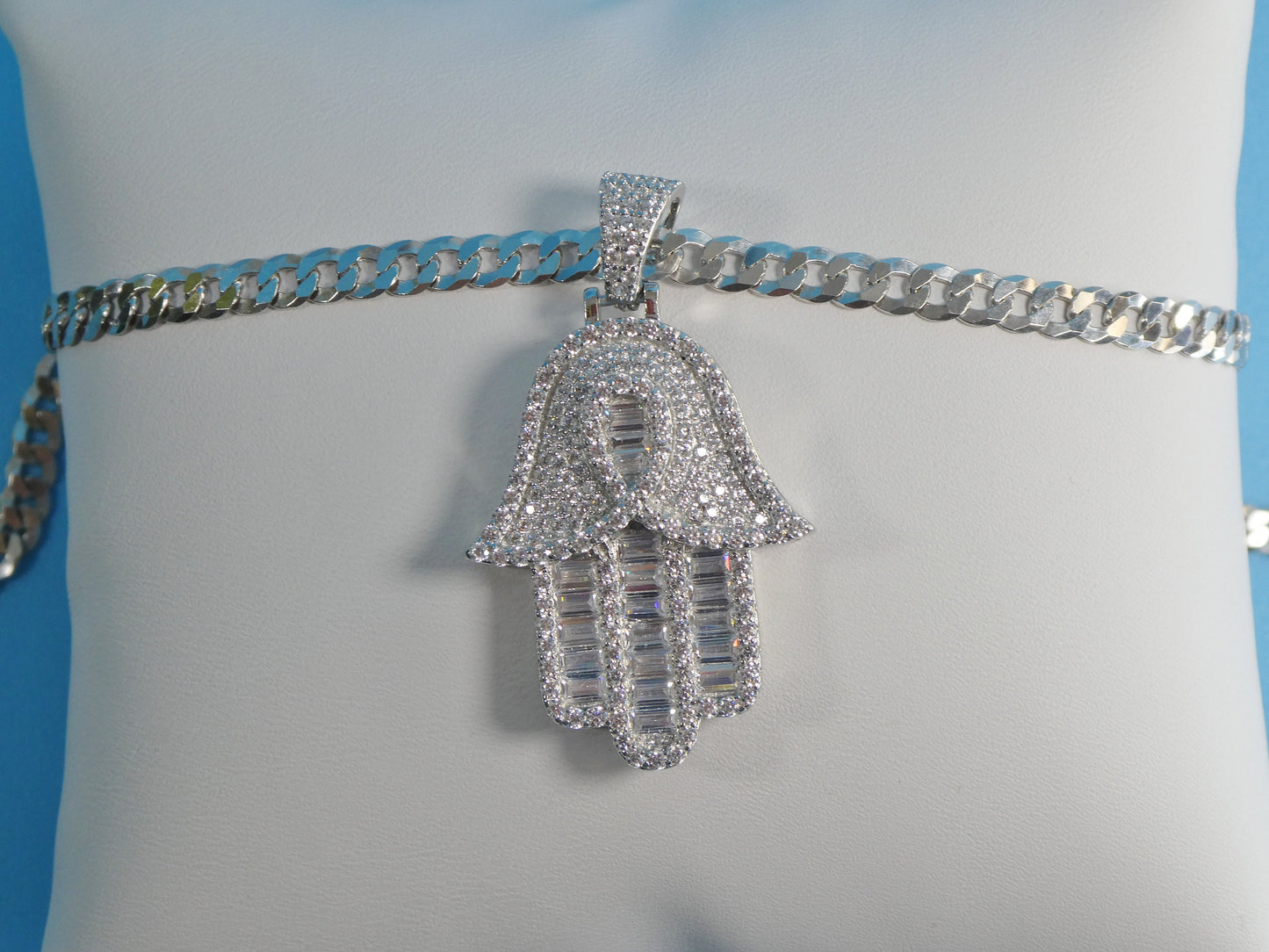 Sterling Silver Hamsa Necklace: 14k White Gold Tone Evil Eye Pendant