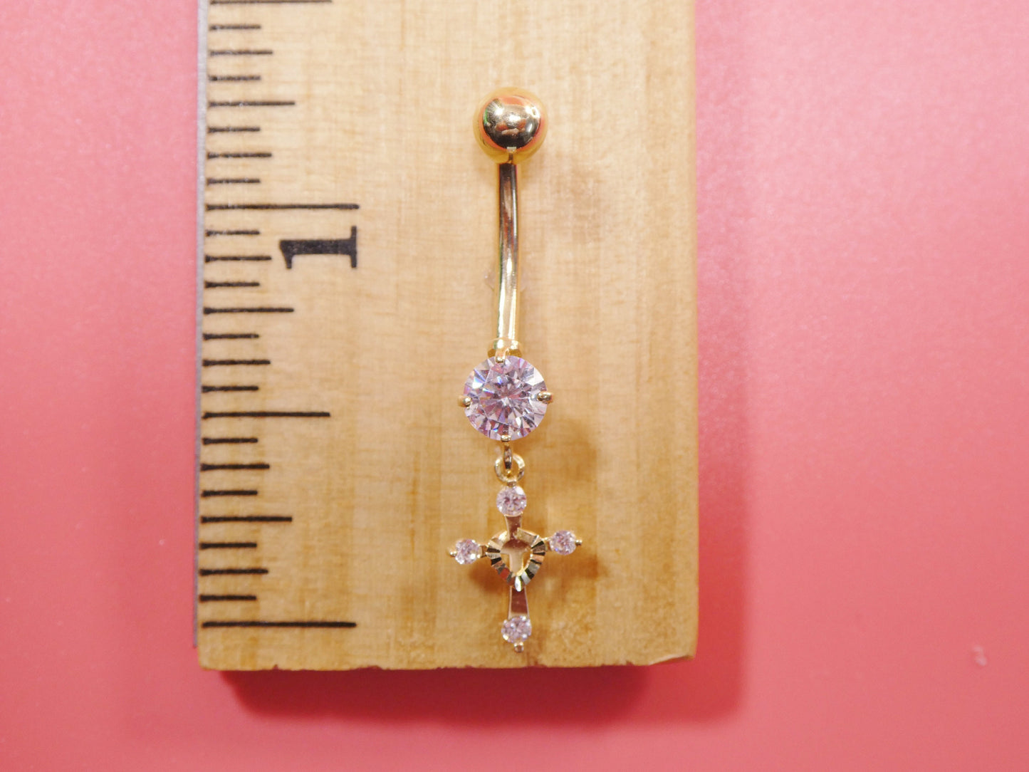 14k real solid yellow gold dangling cross belly button ring piercing