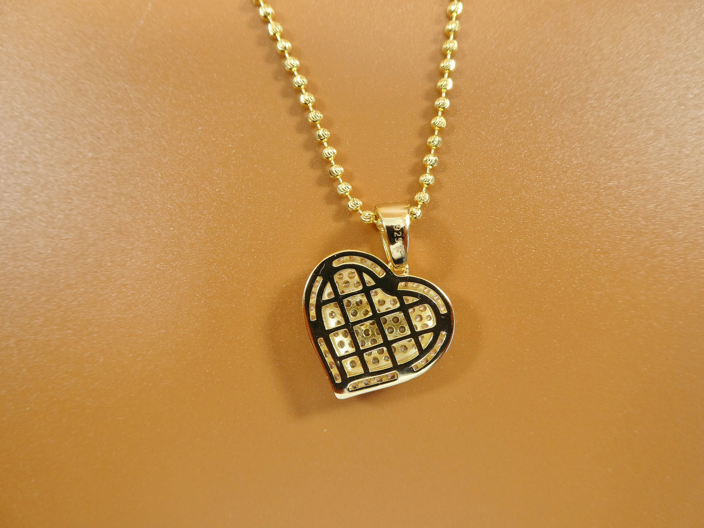 14k yellow color tone moon cut chain and heart over real 925 sterling silver