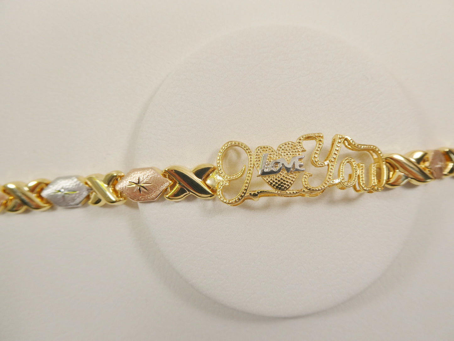Sterling Silver I Love You XO Bracelet - Tri Color 14k Gold Finish