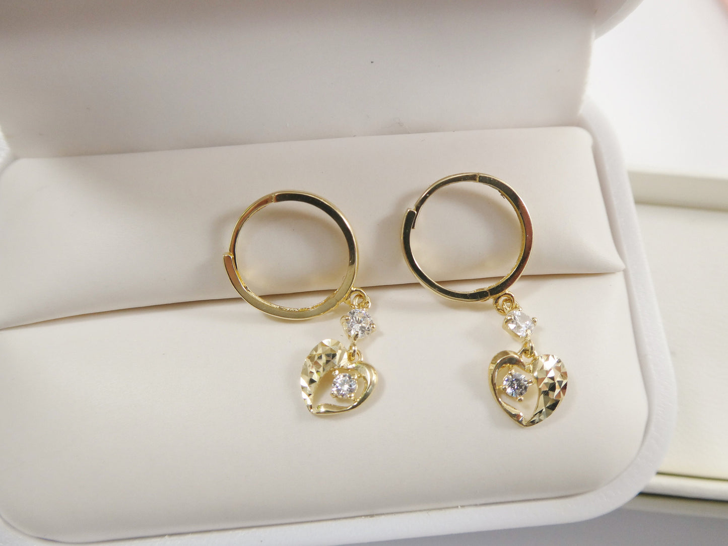 Real 10k Solid Yellow Gold Heart Dangle Hoop Huggie Earrings