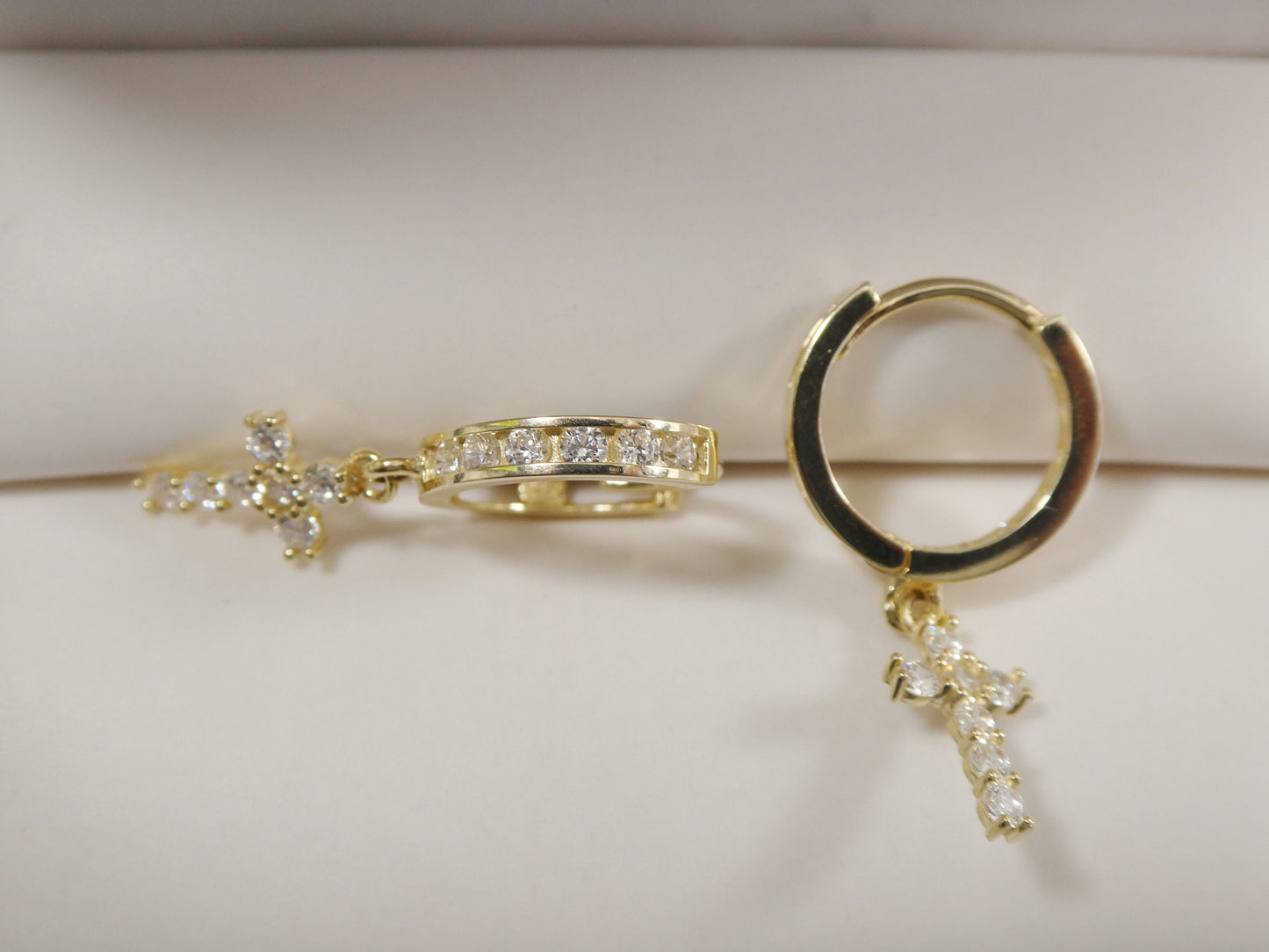 10k Yellow Gold Huggie Hoop Earrings: Cubic Zirconia Cross Dangle