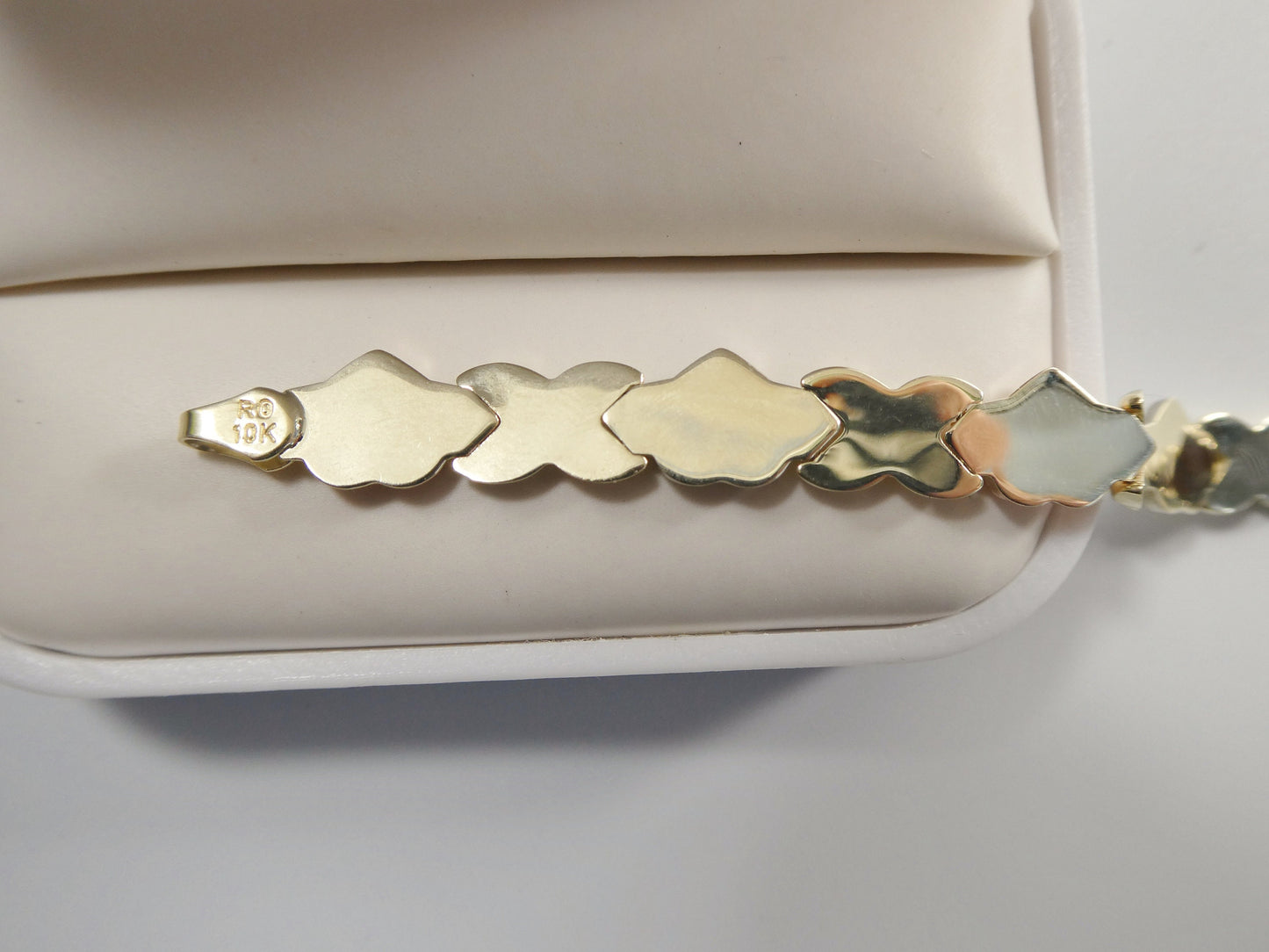 Real 10k Solid Yellow Gold XO Heart Hugs and Kisses Tri Color Stampato Bracelet