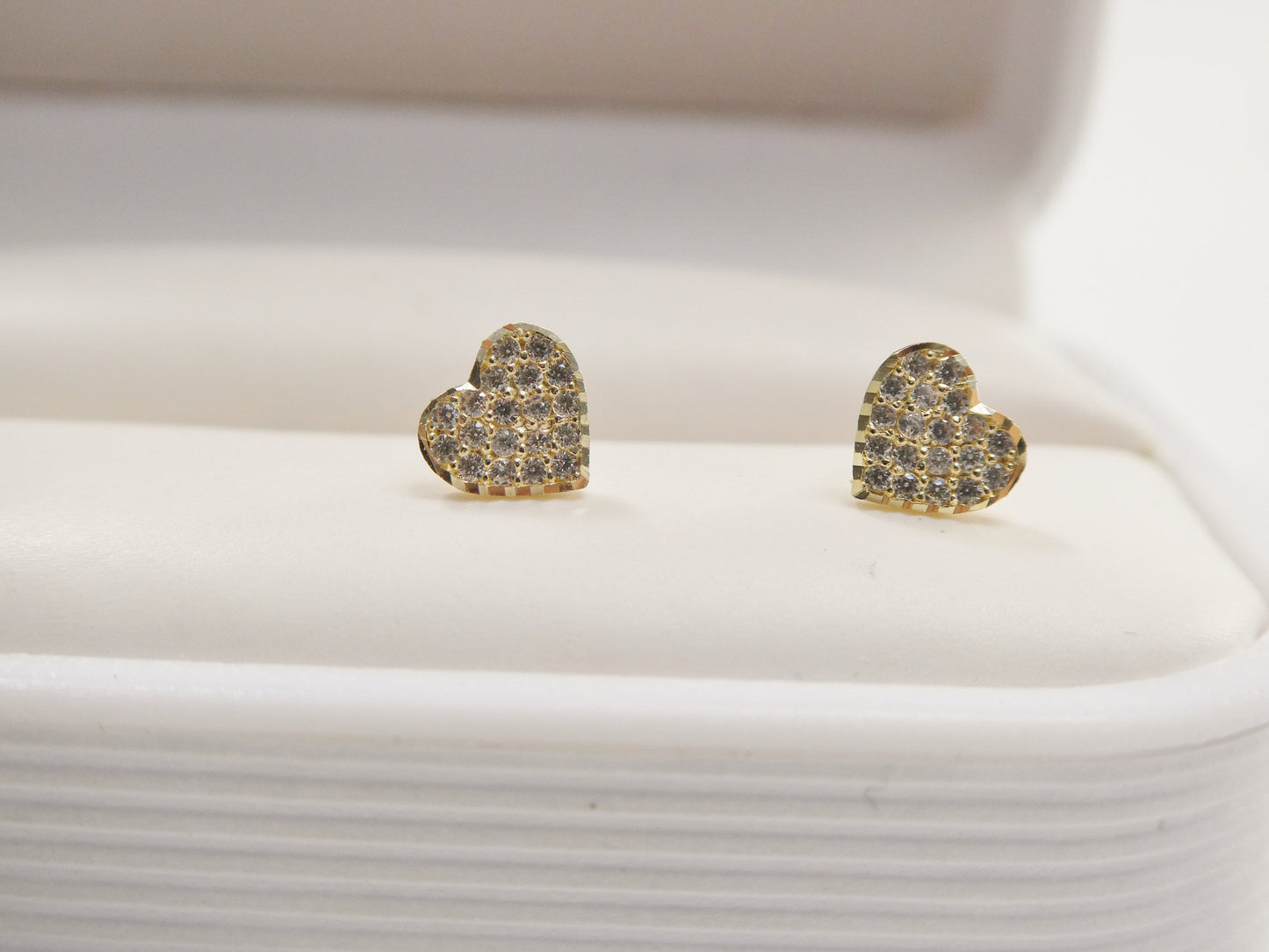 10k Solid Yellow Gold Heart Stud Earrings: Micro Pave Setting