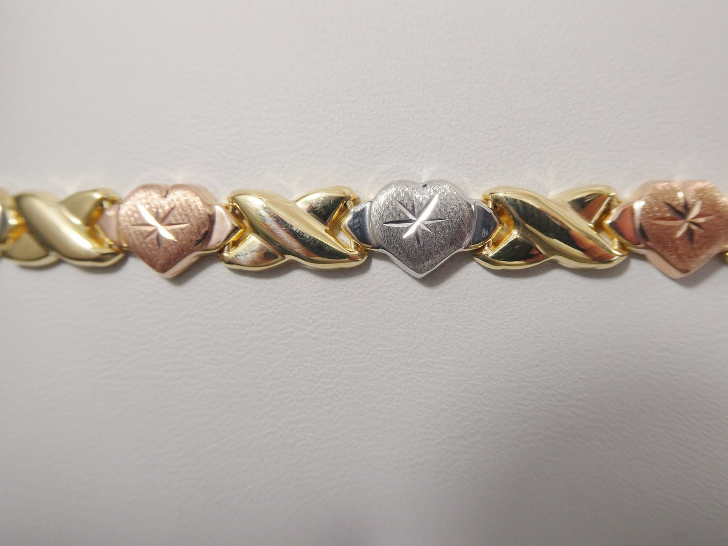 Sterling Silver XO Heart Necklace: Tri-Color 14k Gold Finish