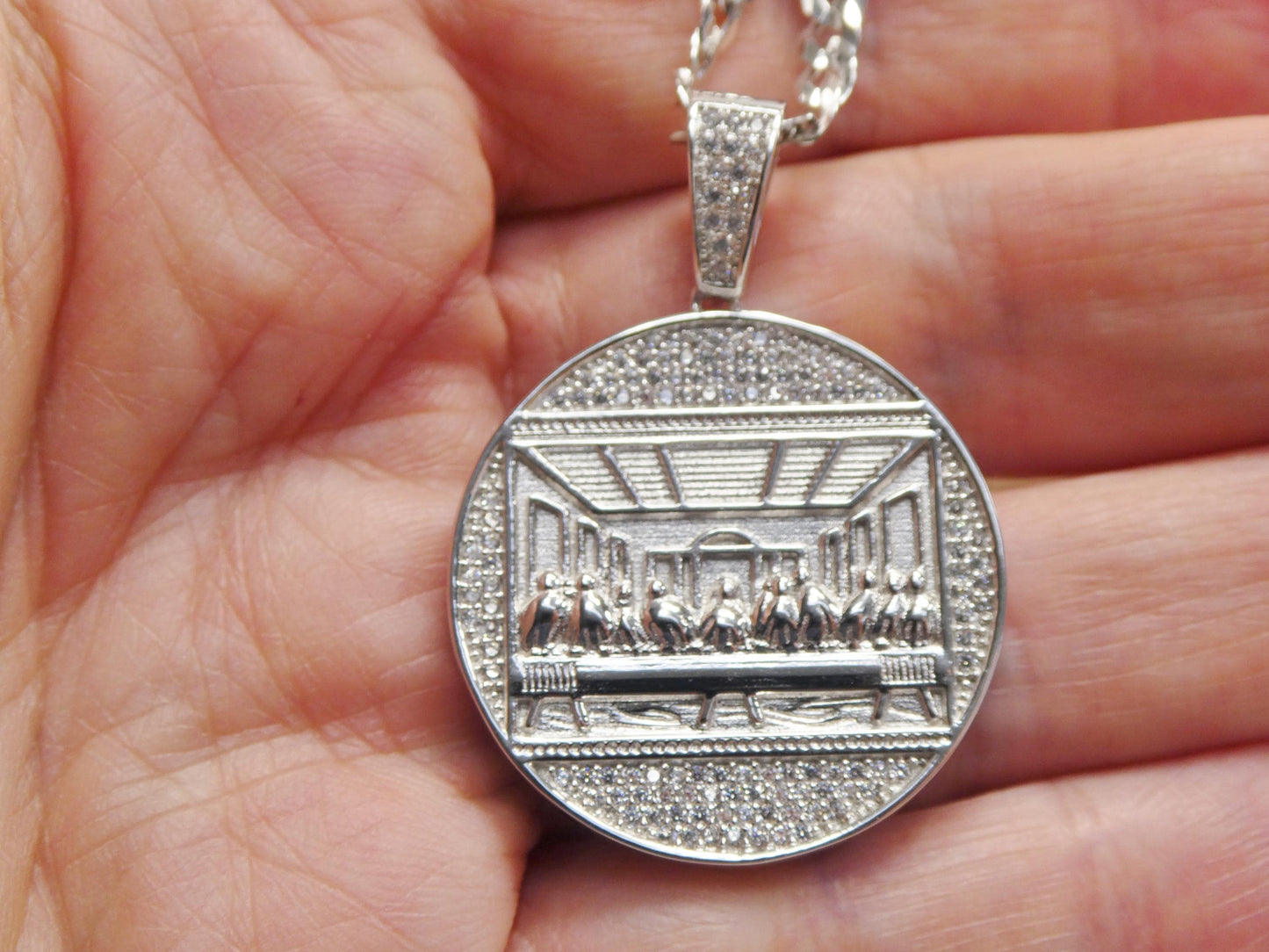 Real 925 Sterling Silver 22 Inch Flat Chain and Large Last Supper Pendent Charm