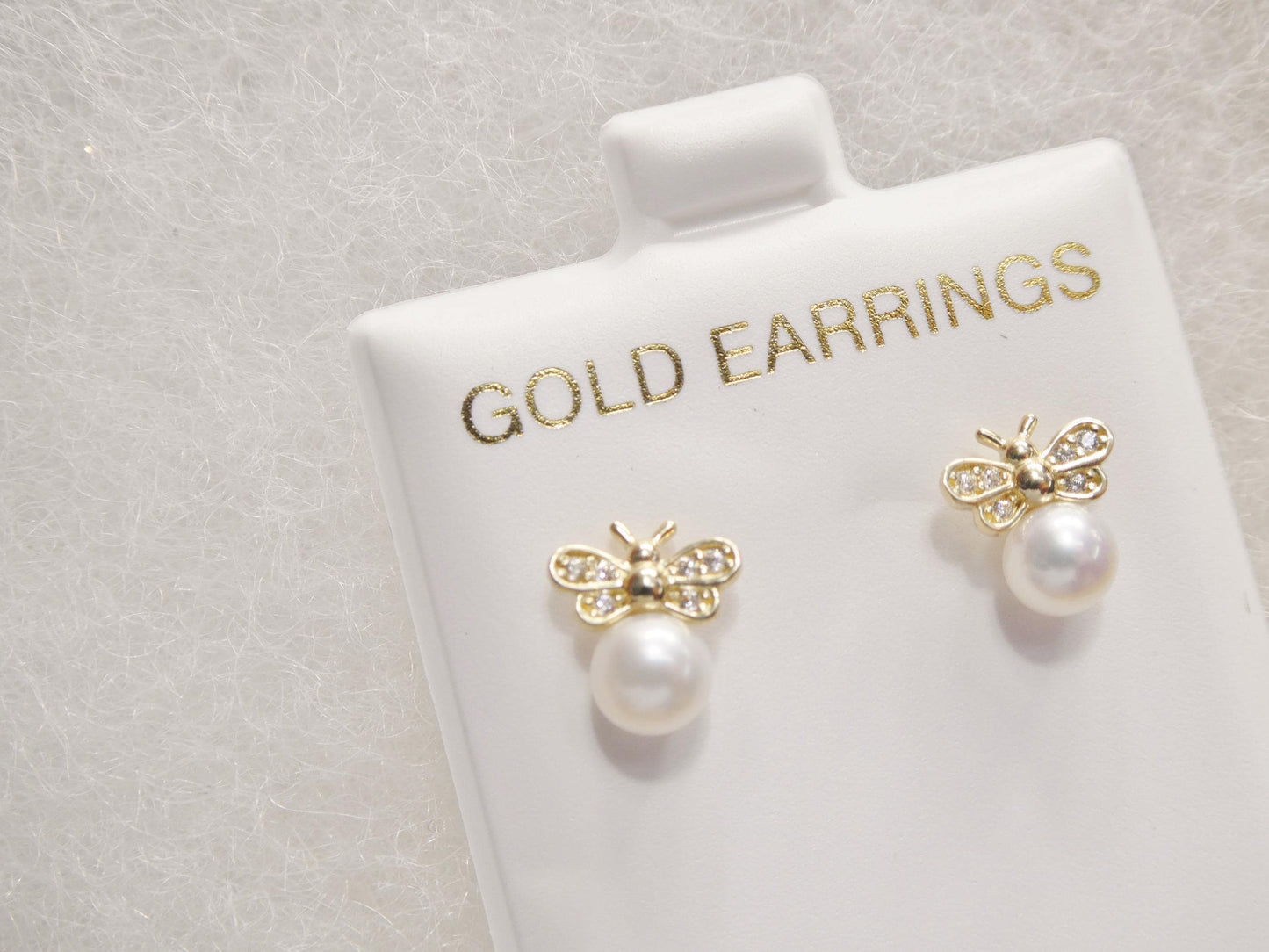 10k Real Solid Yellow Gold Push Back Honey Bee Pearl Earrings