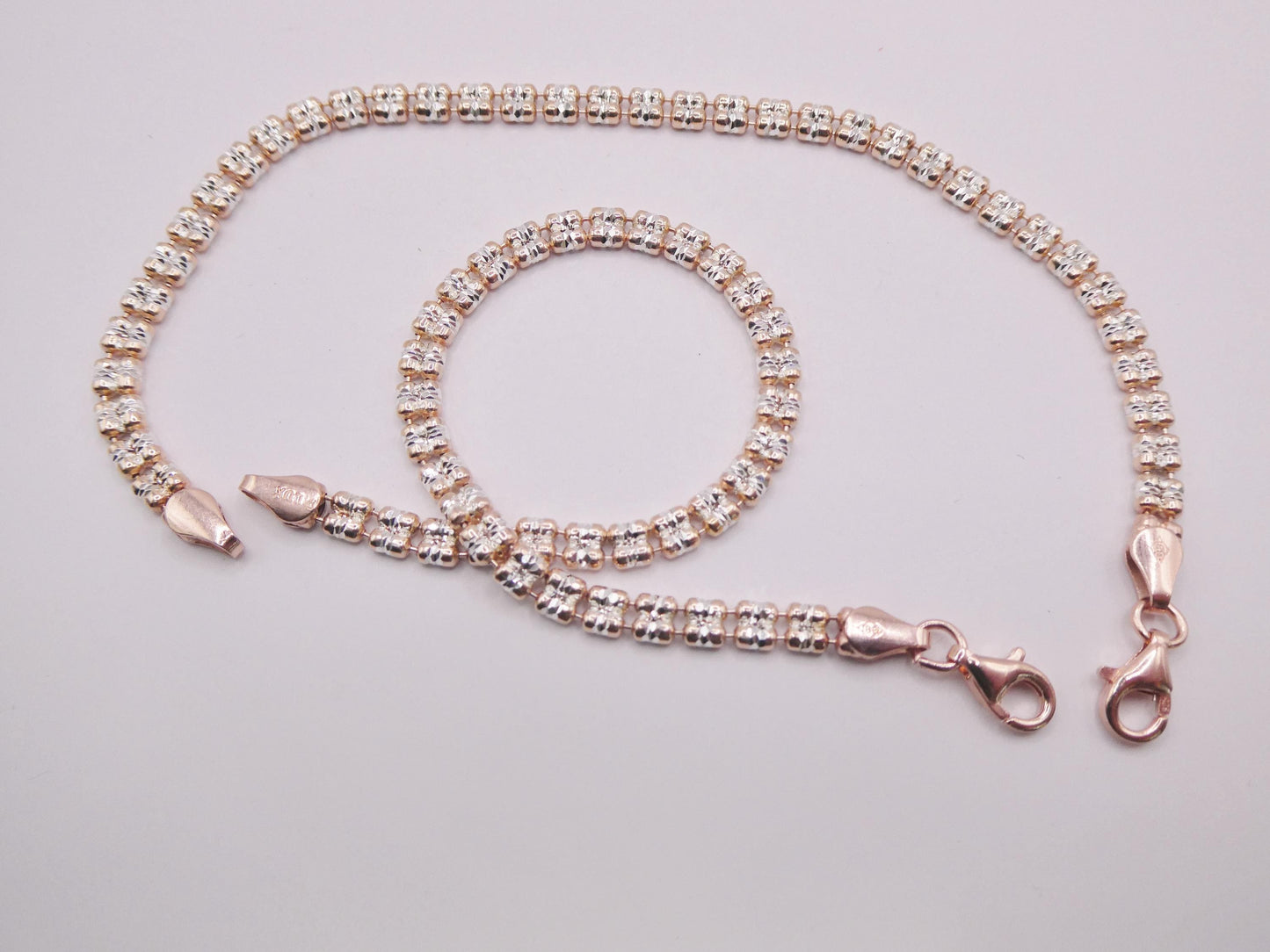 Real 925 Sterling Silver 2 Line Flat Diamond Cut Ice Link Rose Gold Bracelet