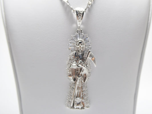real 925 sterling silver 24 inch flat chain and extra large santa muerte pendent charm